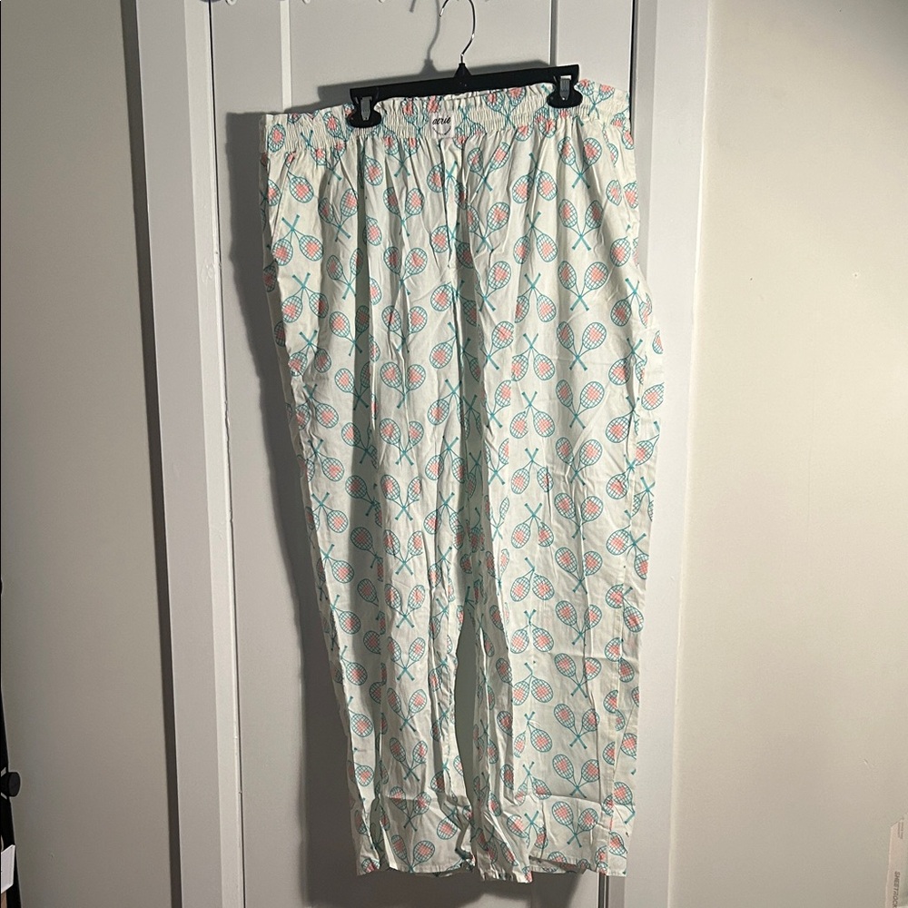 Aerie Cream Pajama Pants with Teal and Pink Tennis Print